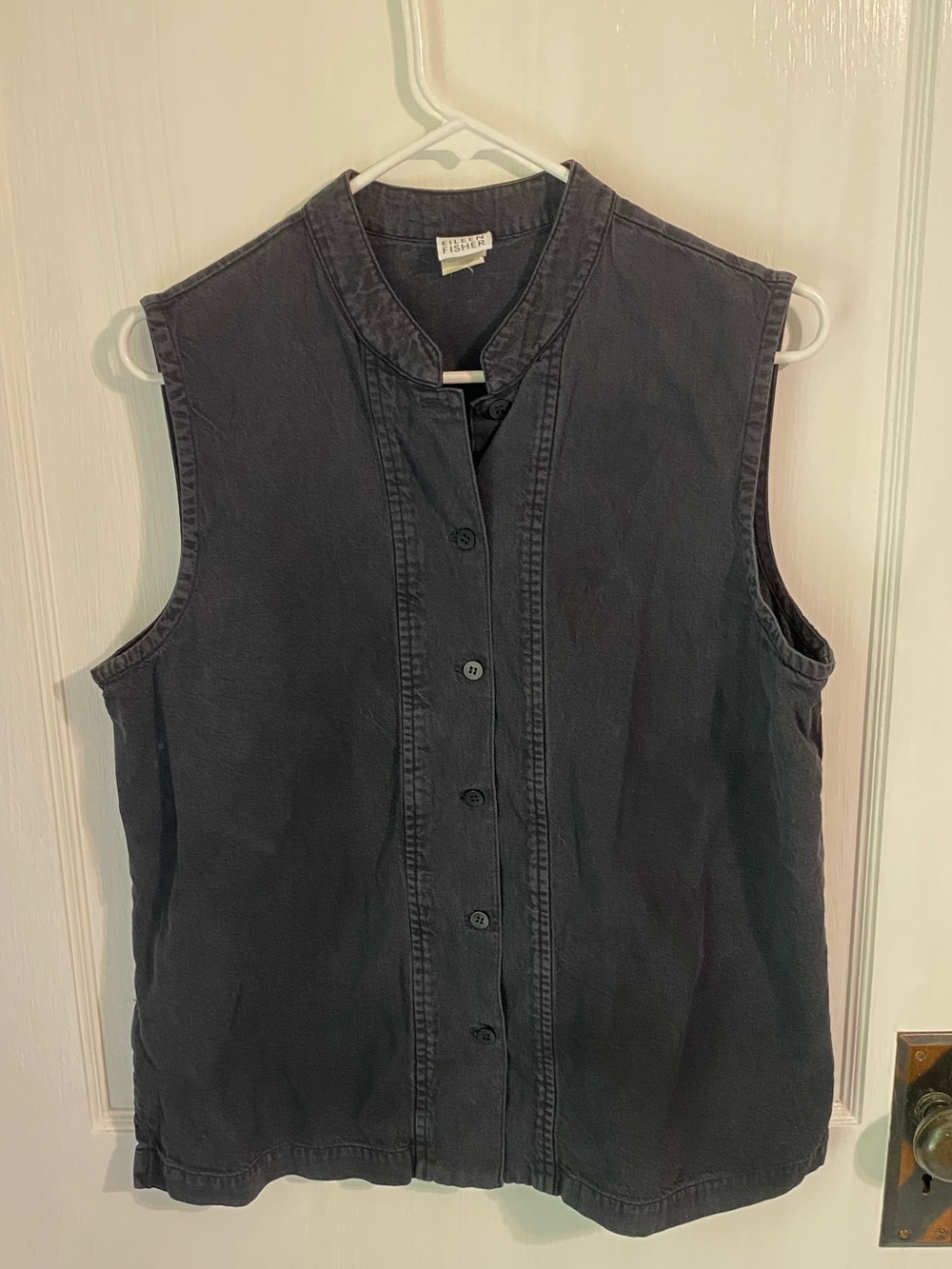 Eileen Fisher black button-up denim top